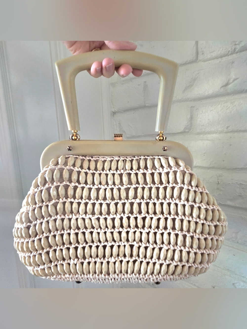 Vtg Marcus Brothers Beaded Straw Top Handle Purse, Made In Italy